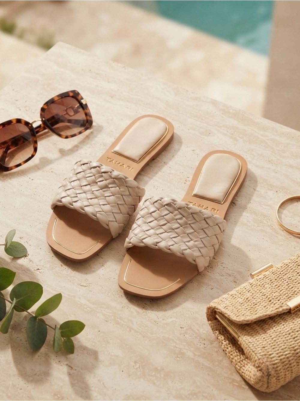 Woven Slide Sandals for Women in Beige